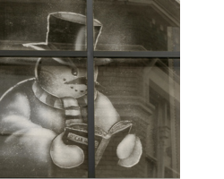 snowman reading snow window