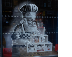 Santa baking snow window