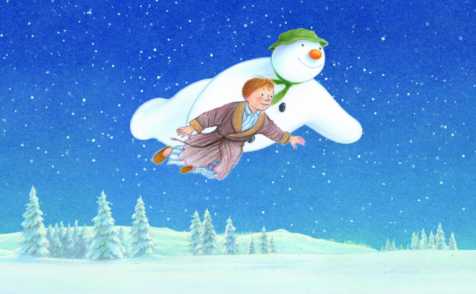 A boy and Snowman flying from The Snowman animated film