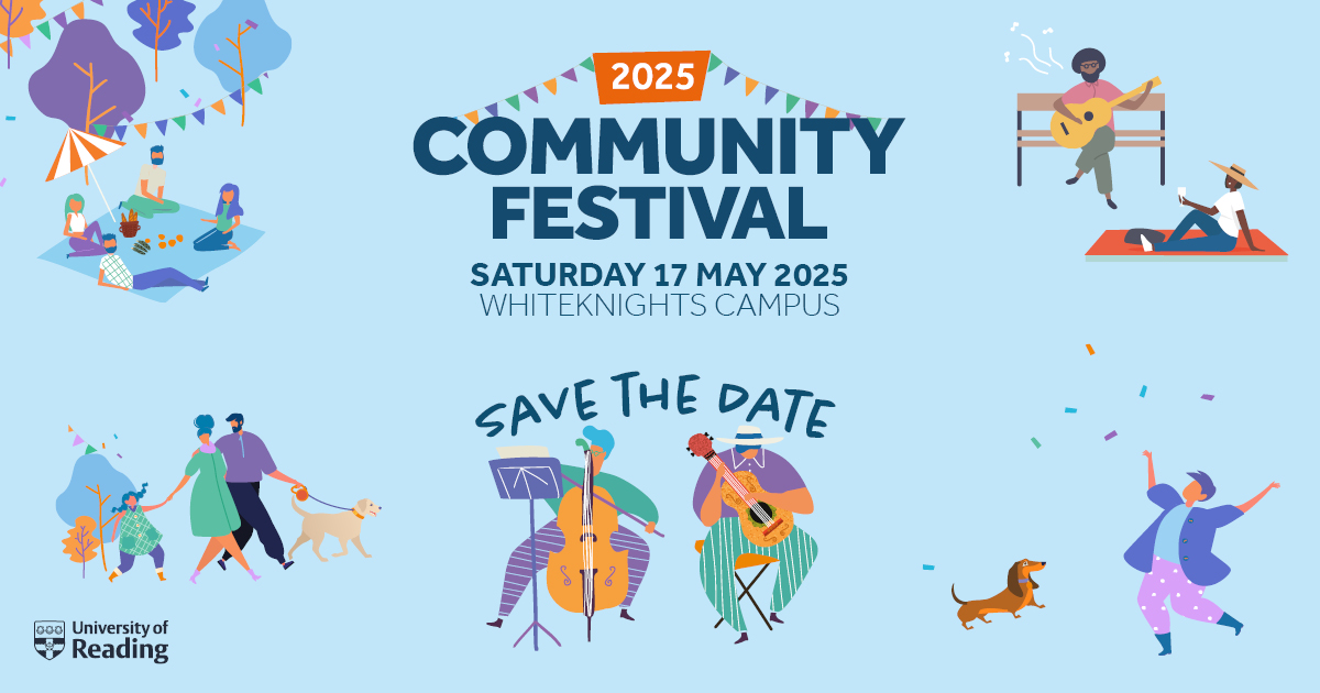 UOR Community Festival, light blue background, cartoon people
