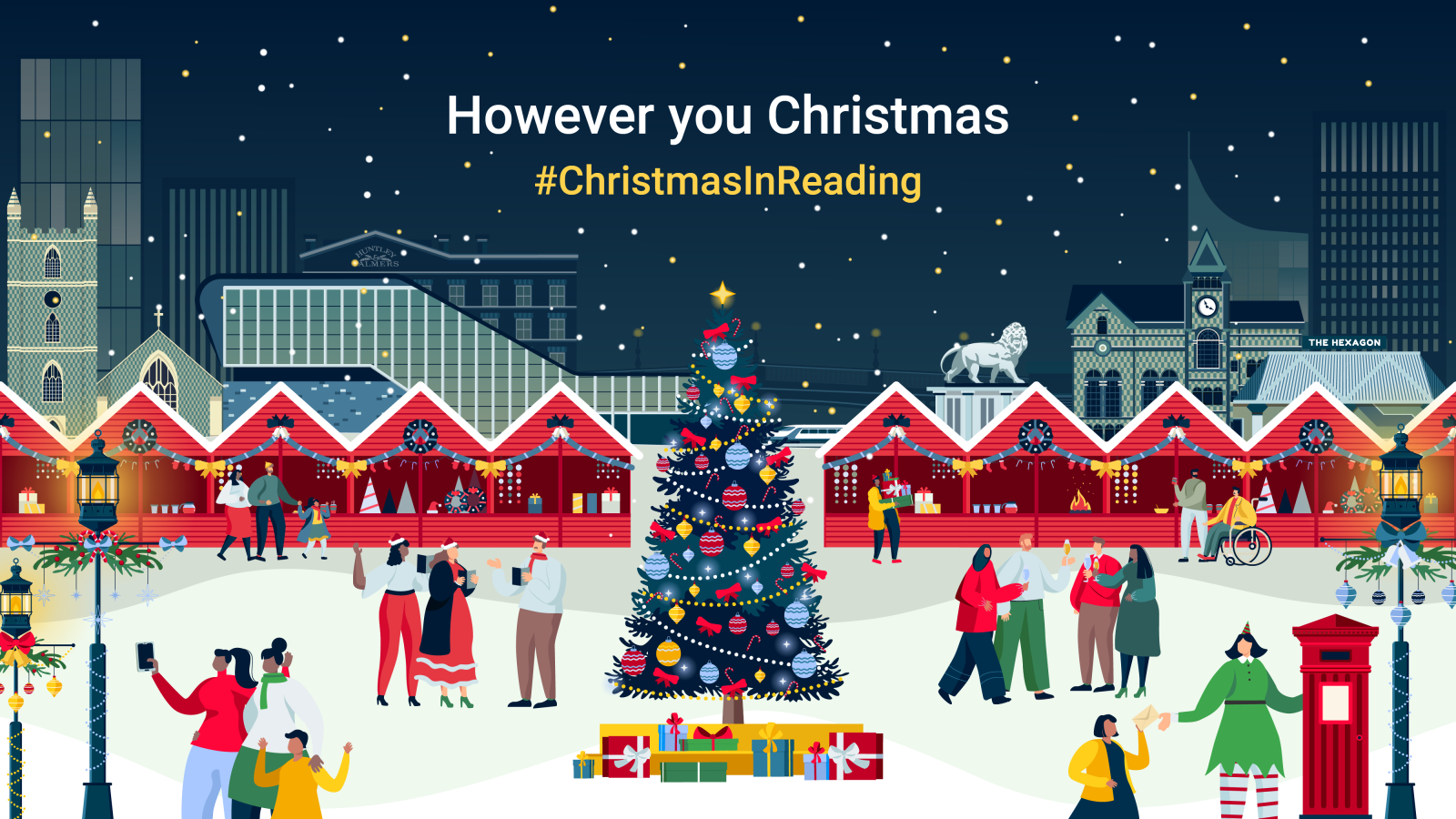 Illustrated Christmas scene showing Reading at Christmas time